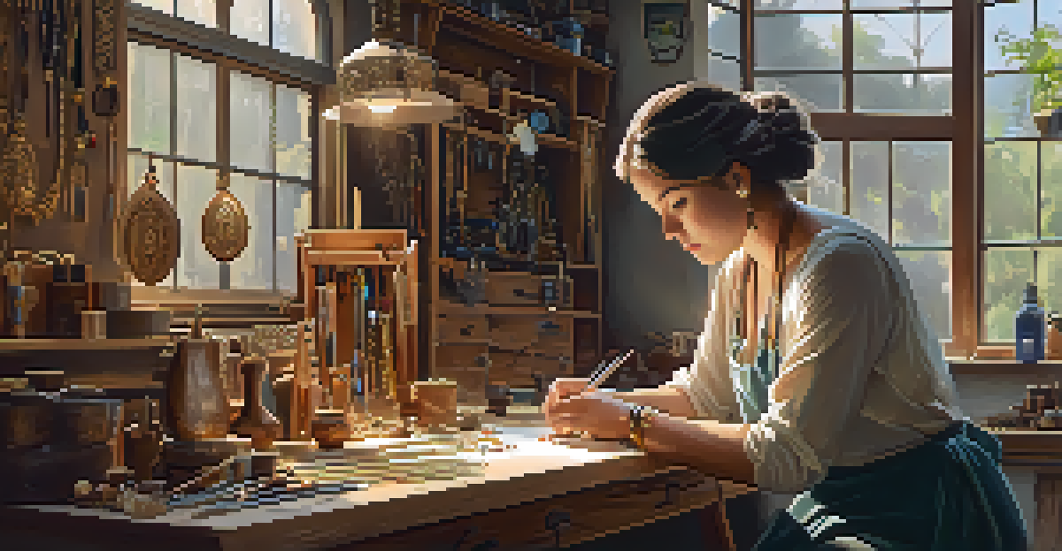 An artisan at work in a cozy workshop, crafting jewelry with tools and gemstones around them.