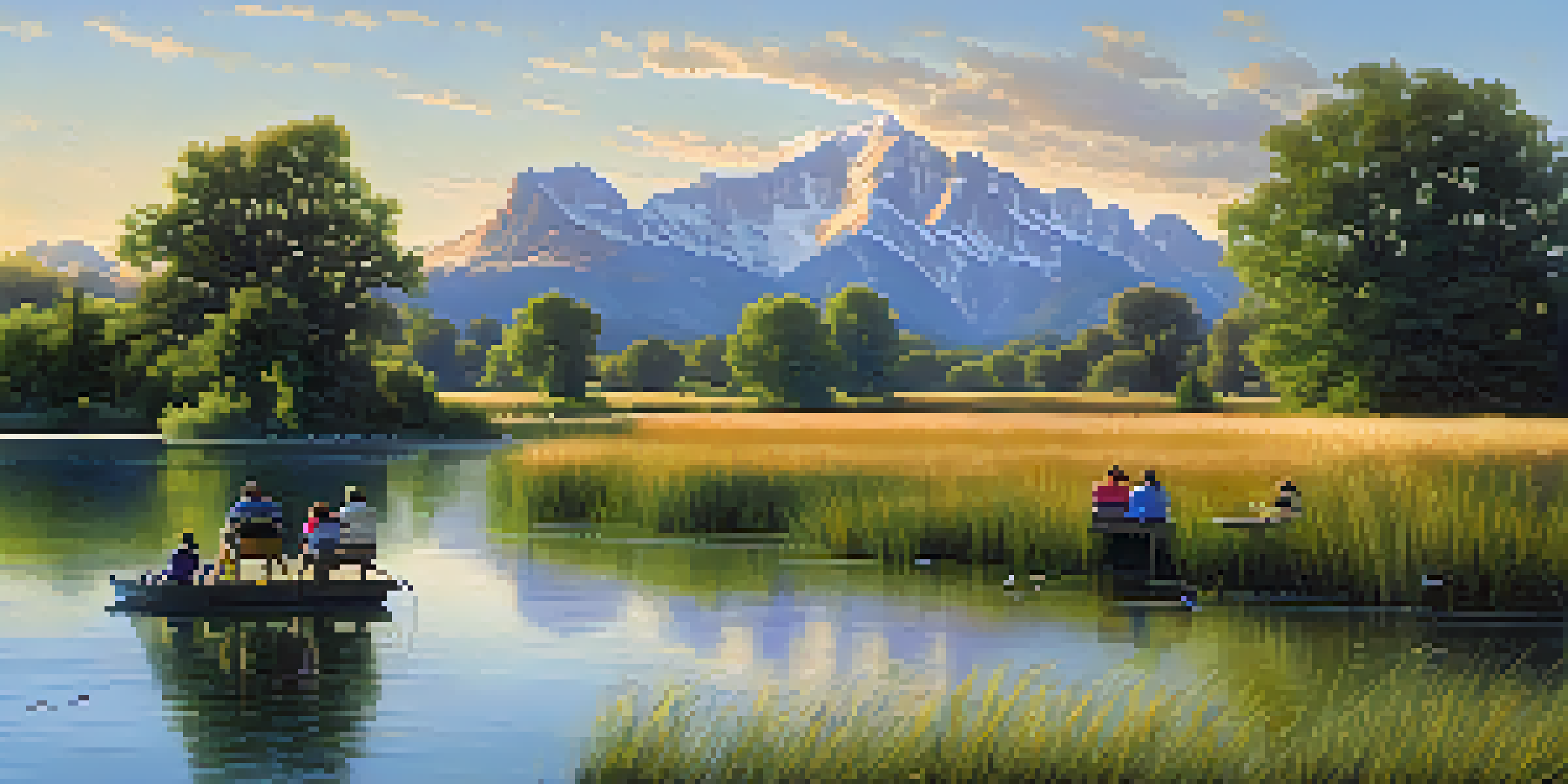 A family observing birds at Walden Ponds Wildlife Habitat with the Flatirons in the background and soft morning light reflecting on the pond.