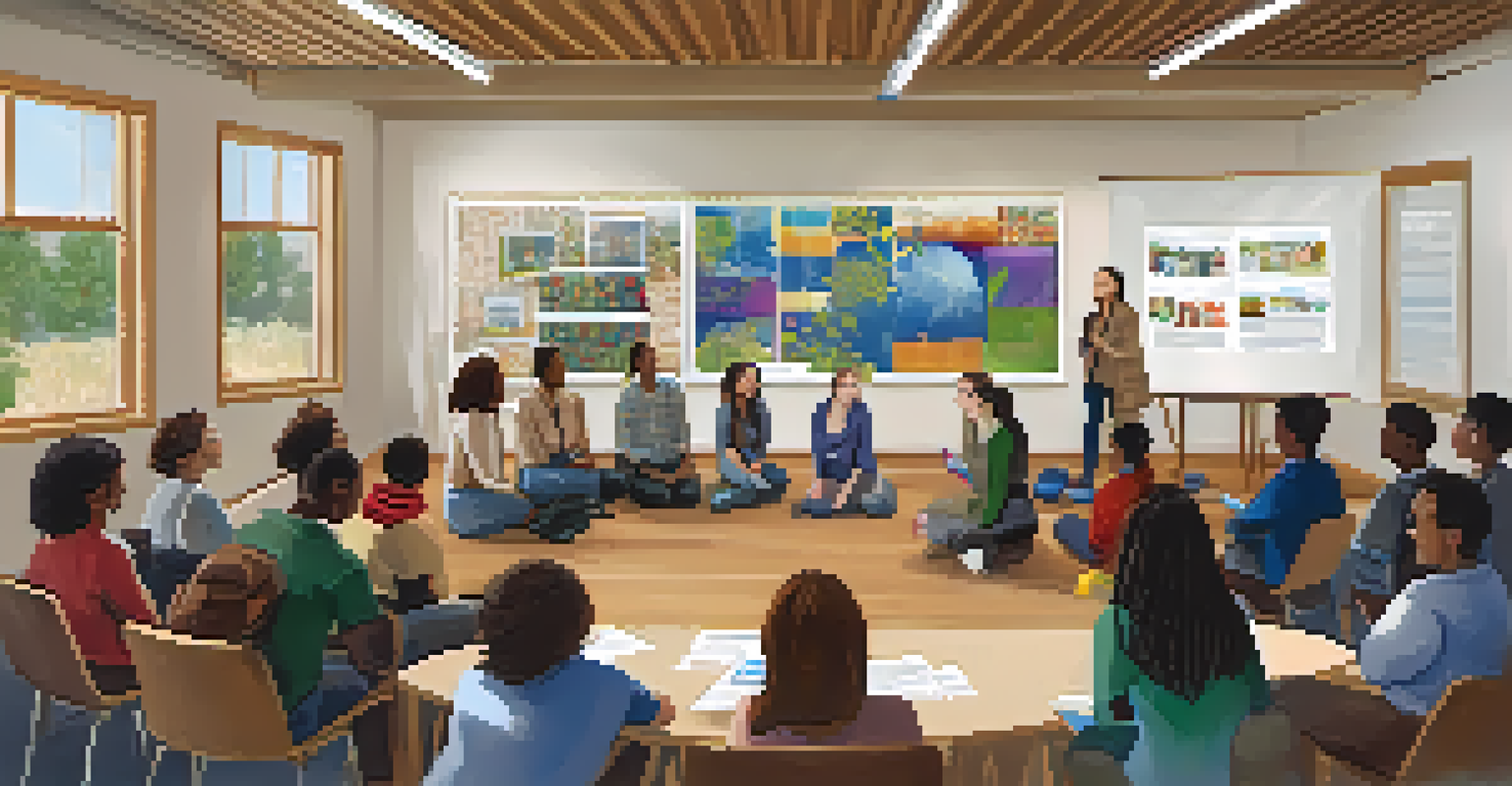 An educational workshop in Boulder with diverse participants learning about fair trade principles.