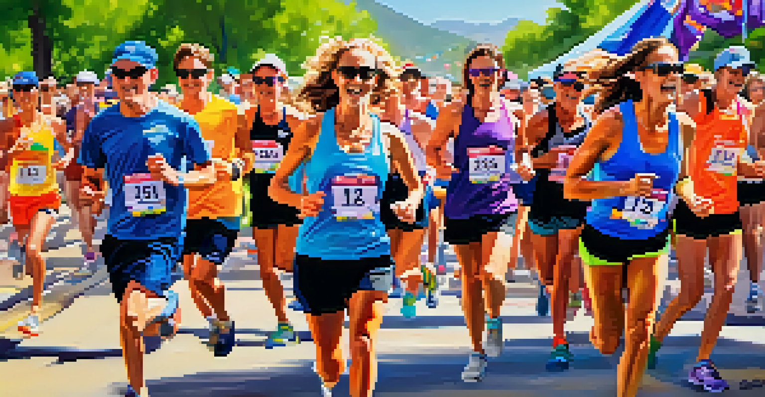Runners in colorful athletic wear competing in a lively outdoor race with cheering spectators.