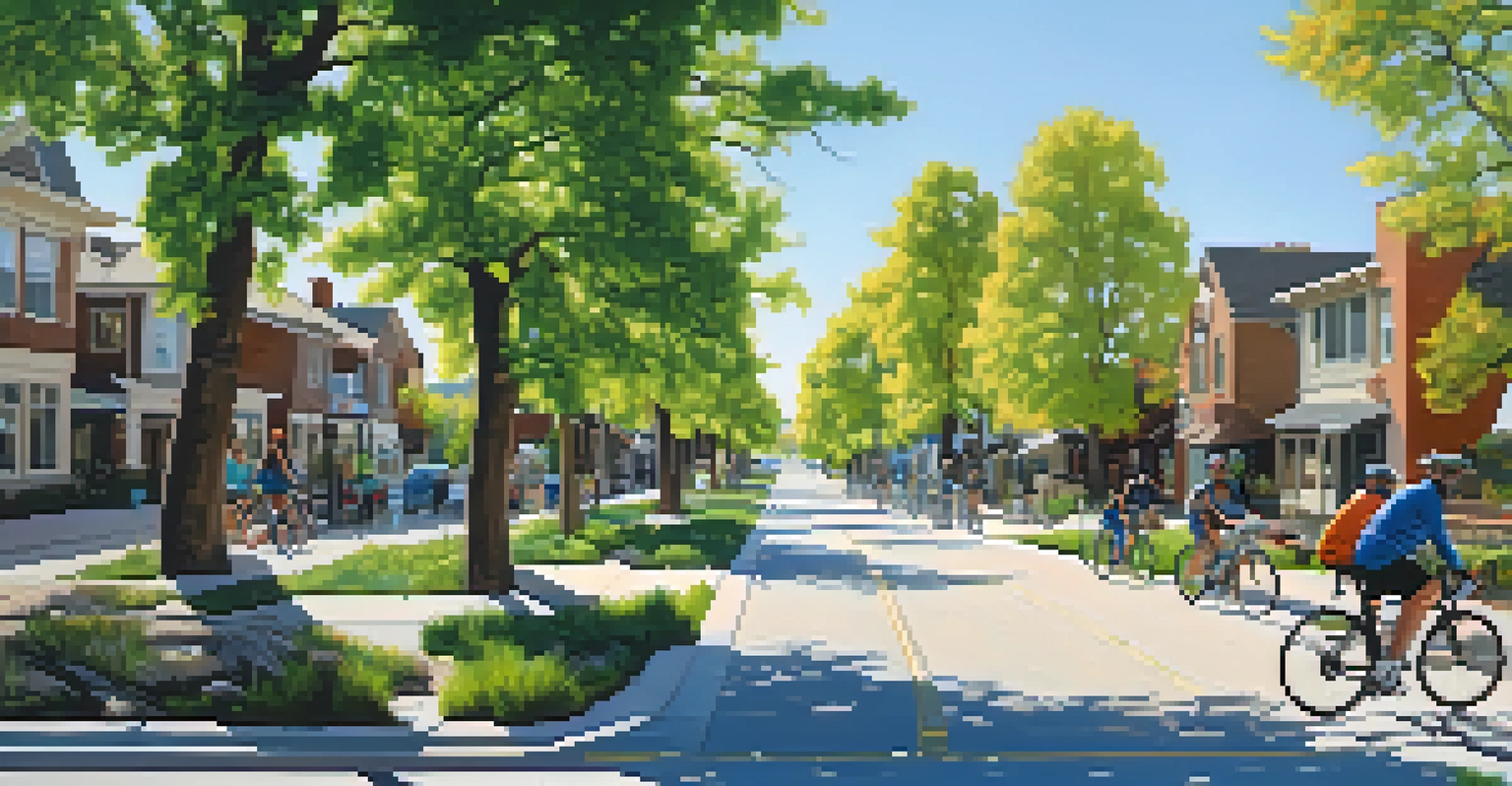 A scenic Boulder street showcasing cyclists in bike lanes, solar panels on roofs, and tree-lined sidewalks under a bright sky.