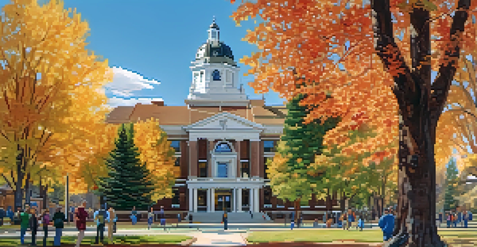 A historic courthouse in Boulder surrounded by autumn trees and people on a guided tour.