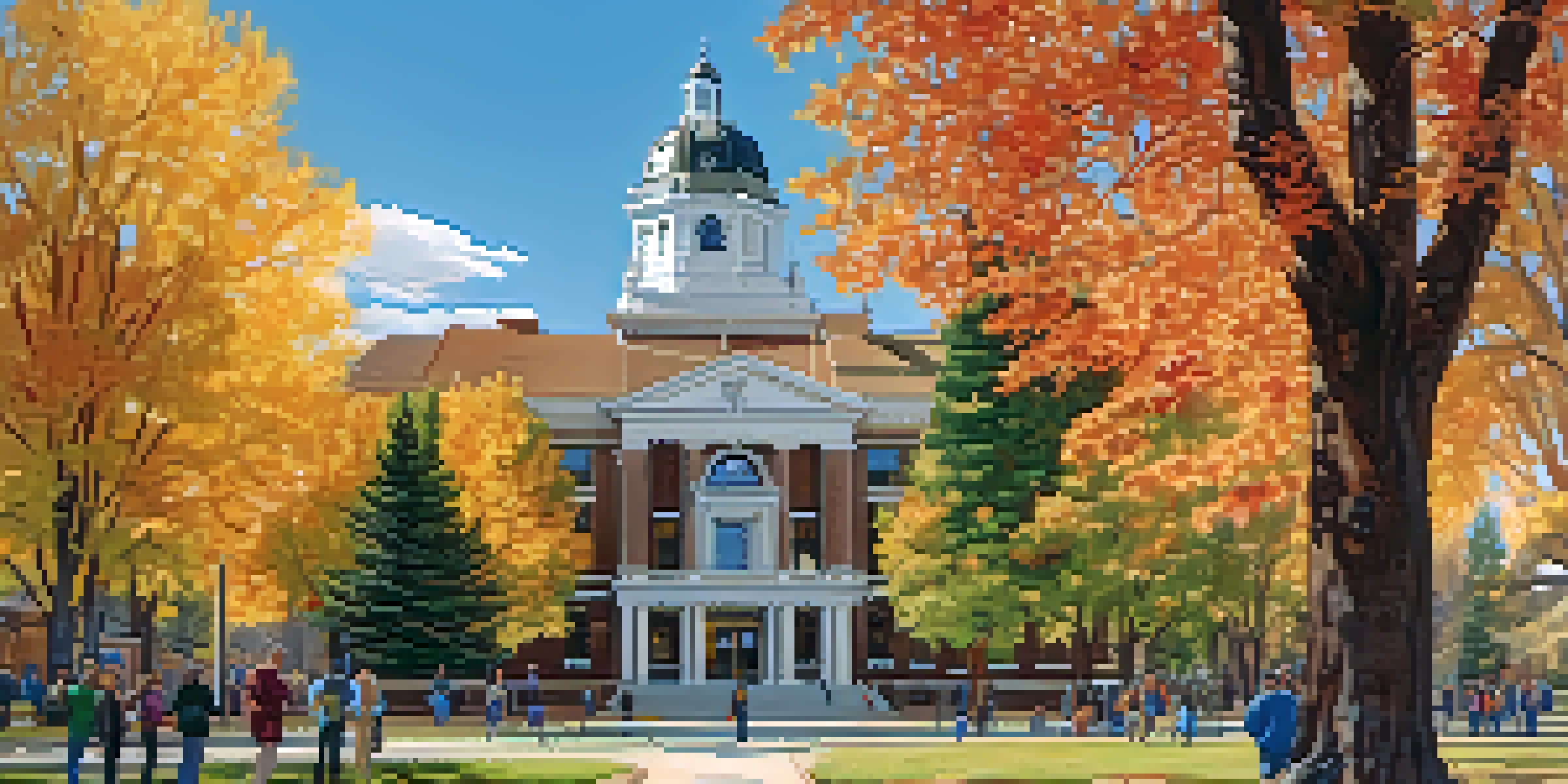 A historic courthouse in Boulder surrounded by autumn trees and people on a guided tour.