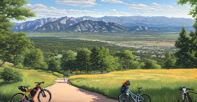 A scenic view of Boulder, Colorado with mountain bikers on a trail and the Rocky Mountains in the background.