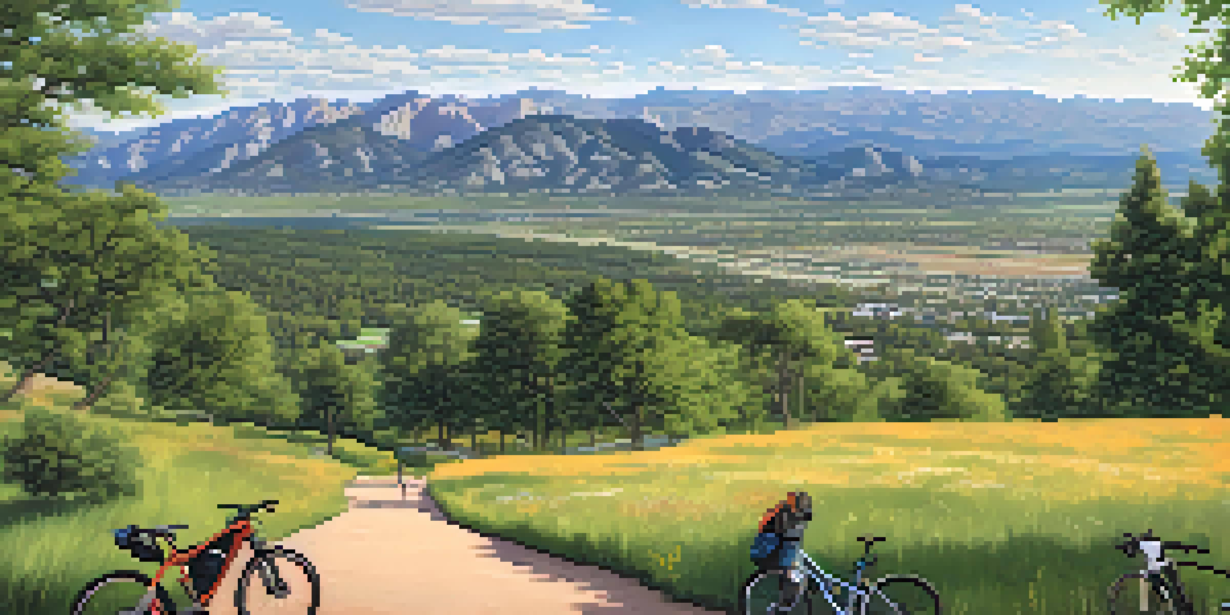 A scenic view of Boulder, Colorado with mountain bikers on a trail and the Rocky Mountains in the background.
