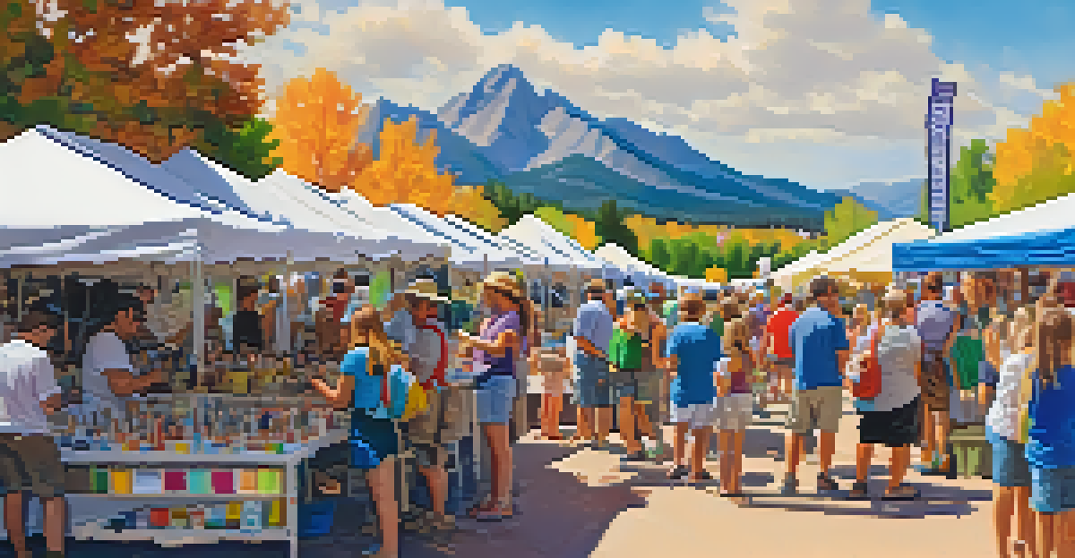 An outdoor craft festival in Boulder with families participating in art activities amid beautiful mountain scenery.