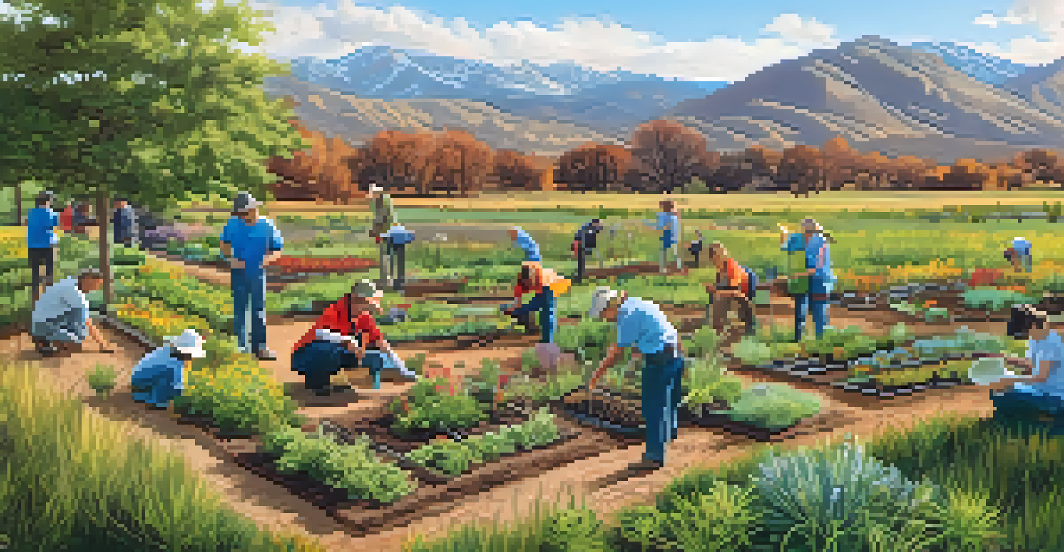 A community group planting native plants in Boulder, Colorado, showcasing conservation efforts under warm sunlight.