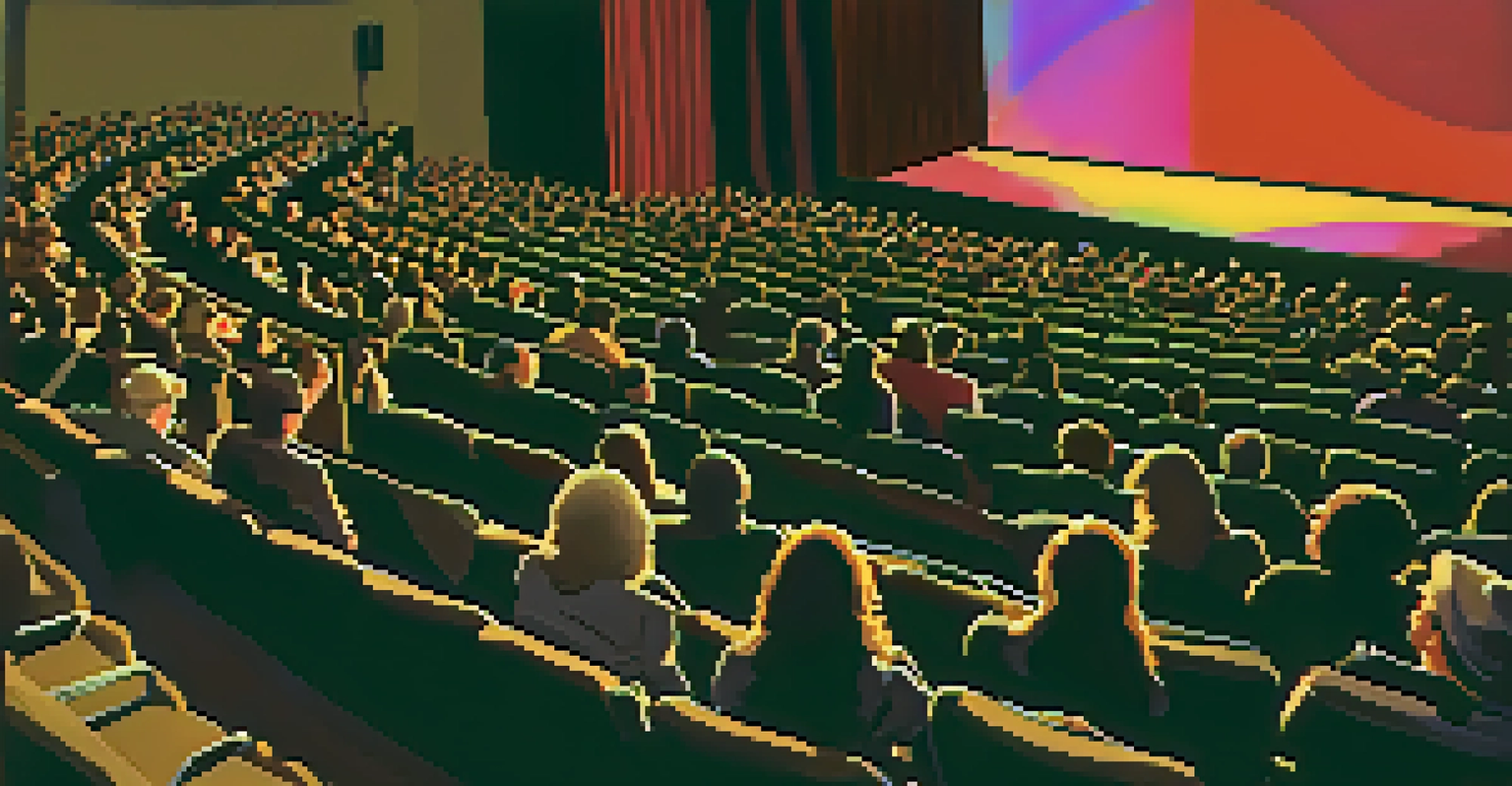 An audience in a theater watching a film at the Boulder International Film Festival, with a large screen and dramatic lighting.