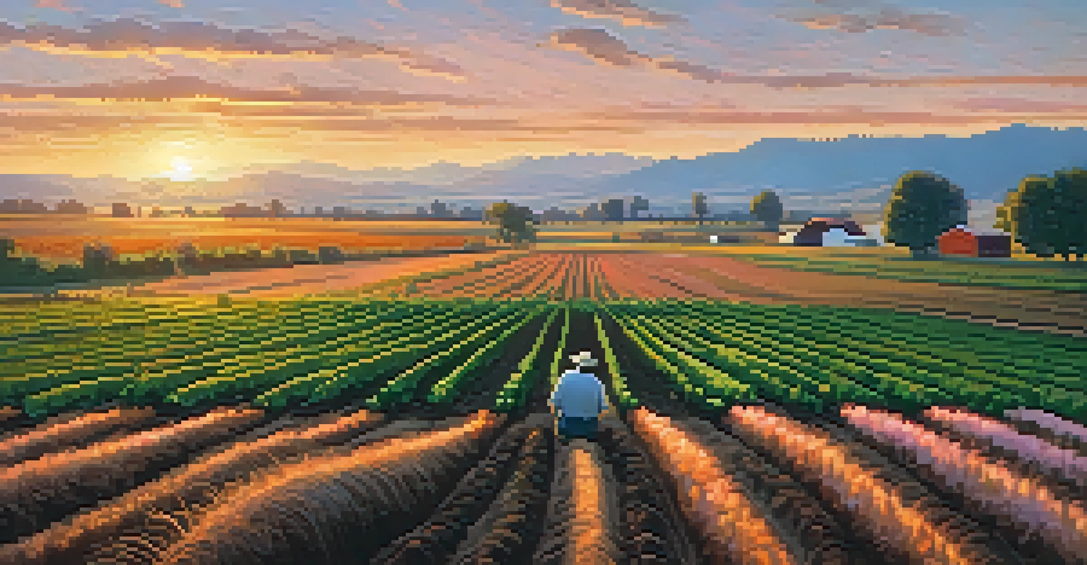 A beautiful local farm in Boulder at sunset, with rows of crops and a farmer working in the fields under a colorful sky.