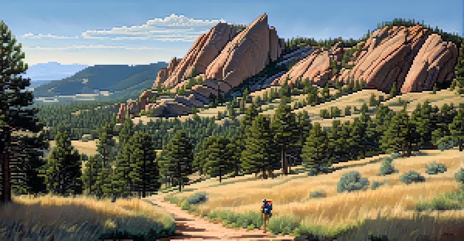A scenic hiking trail through the foothills of the Flatirons, surrounded by trees and rocky outcrops, with hikers in the background.