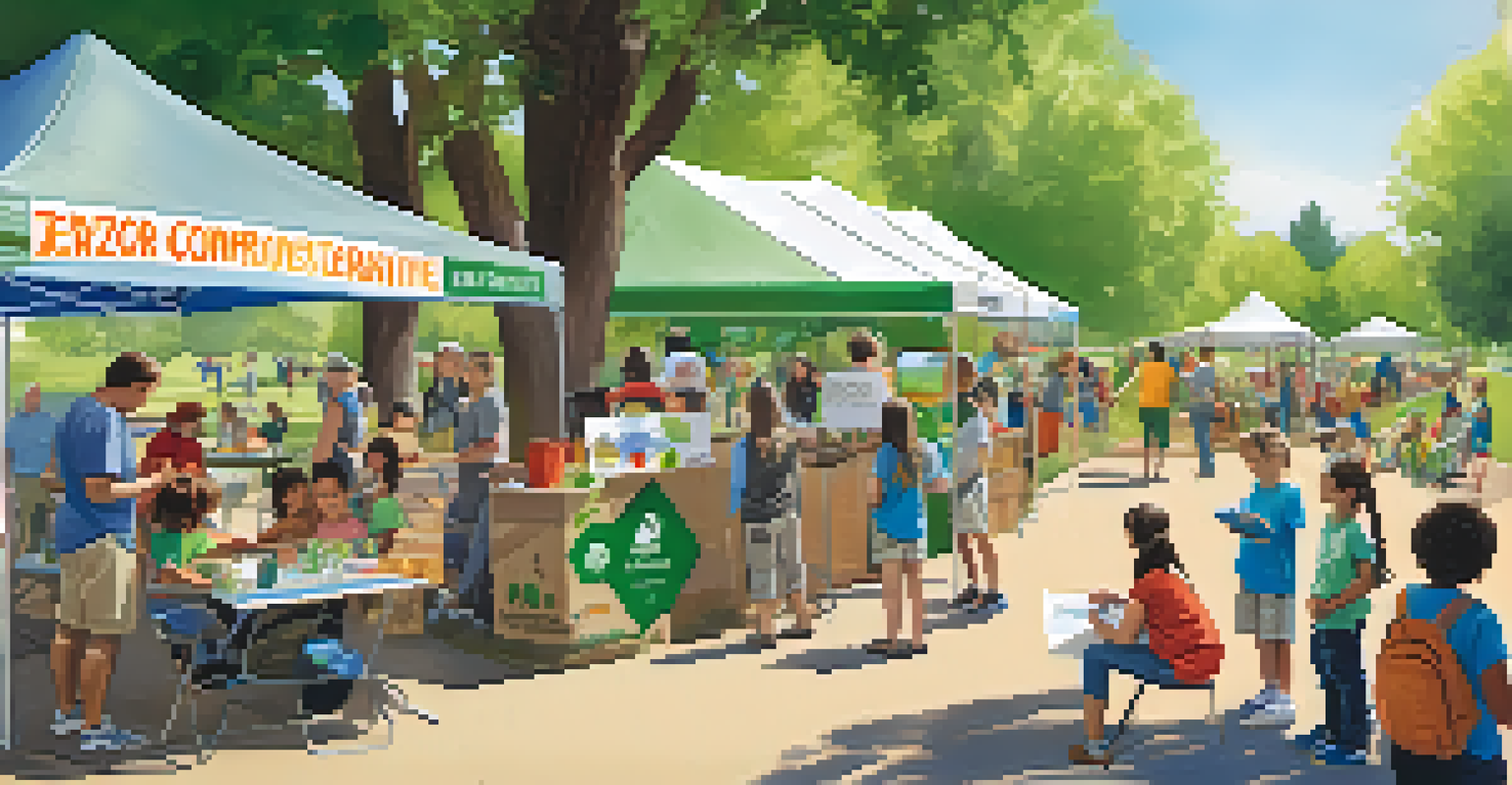 A community outreach event in a park, featuring a booth about Boulder's Zero Waste Initiative, with families learning about sustainability.
