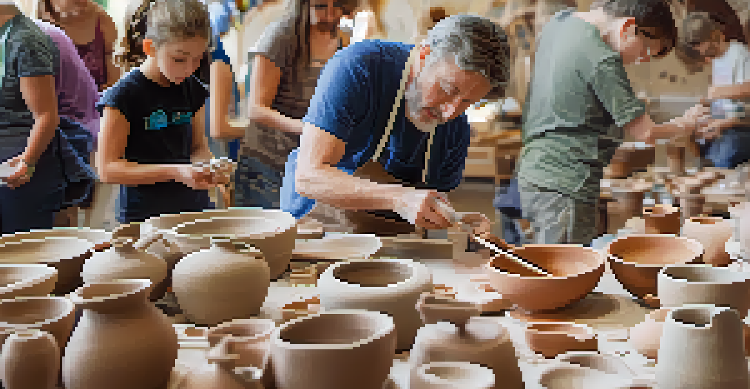 A pottery workshop at an arts festival, with participants learning and creating clay artworks under the guidance of an instructor.