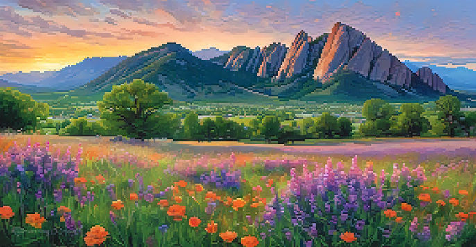 A scenic view of Boulder, Colorado at sunset with the Flatirons mountains, colorful sky, and blooming wildflowers in the foreground.
