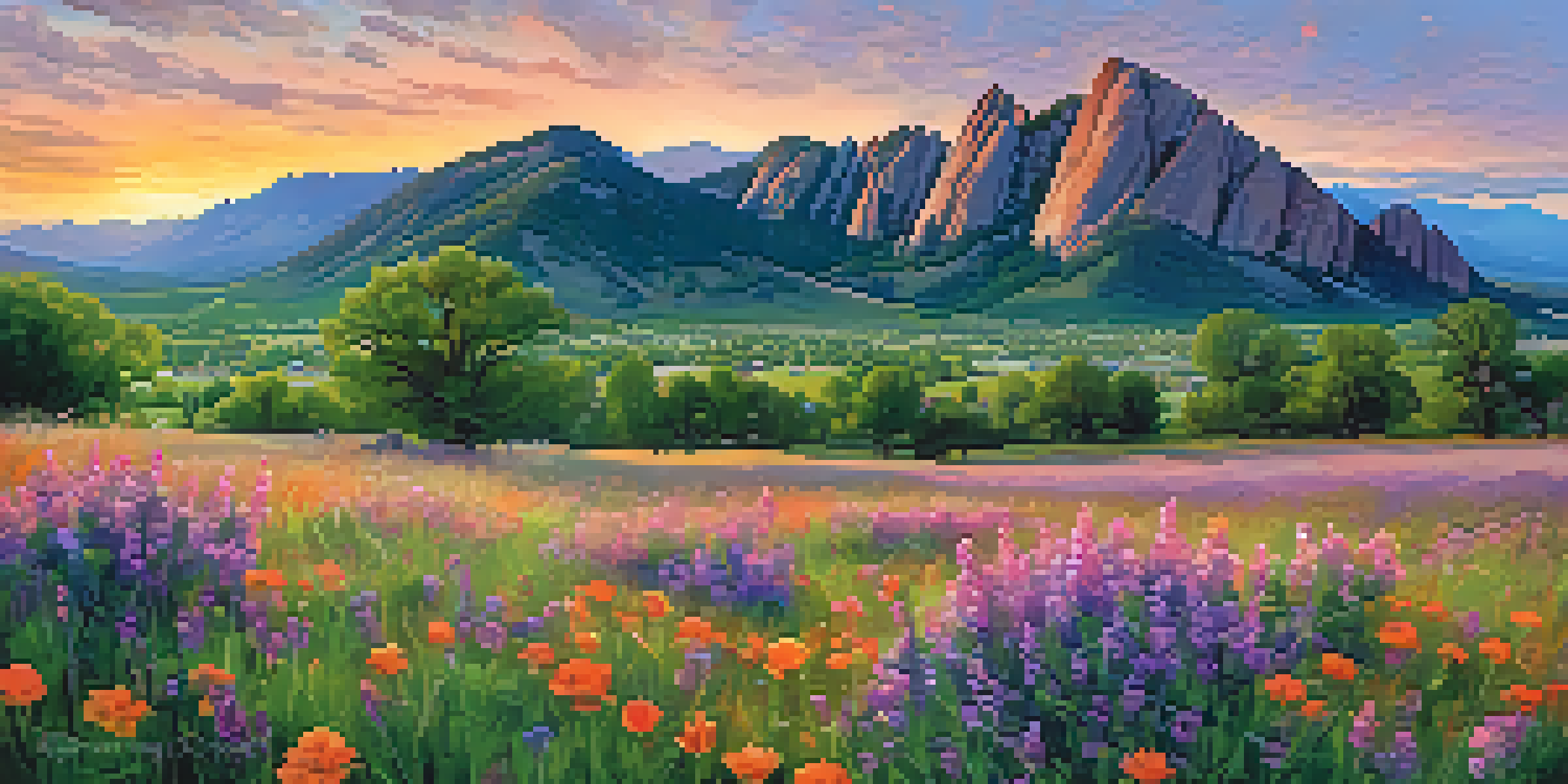A scenic view of Boulder, Colorado at sunset with the Flatirons mountains, colorful sky, and blooming wildflowers in the foreground.