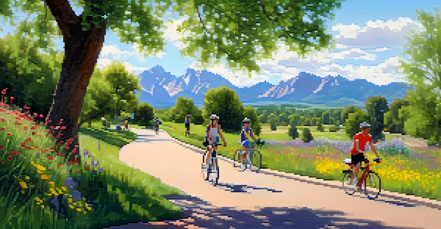 A scenic bike path in Boulder with cyclists, wildflowers, and a view of the Flatirons mountains.