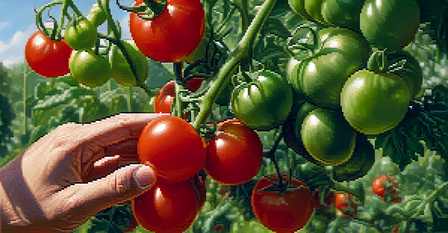 A close-up of a hand picking a red tomato from a green vine in a community garden, with blurred gardeners in the background.