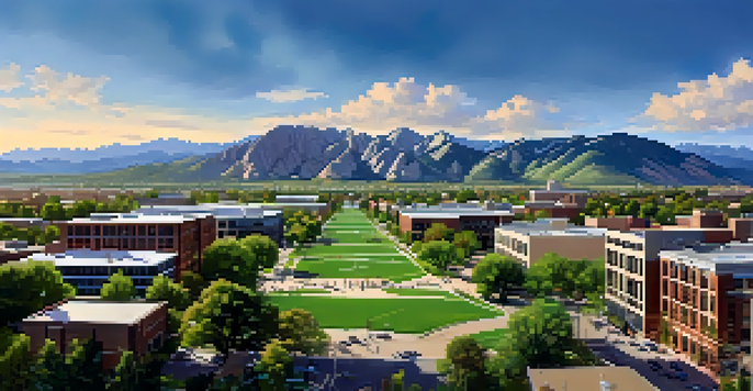 A wide view of Boulder, Colorado, featuring modern office buildings and the Flatirons mountains, vibrant with greenery and activity.