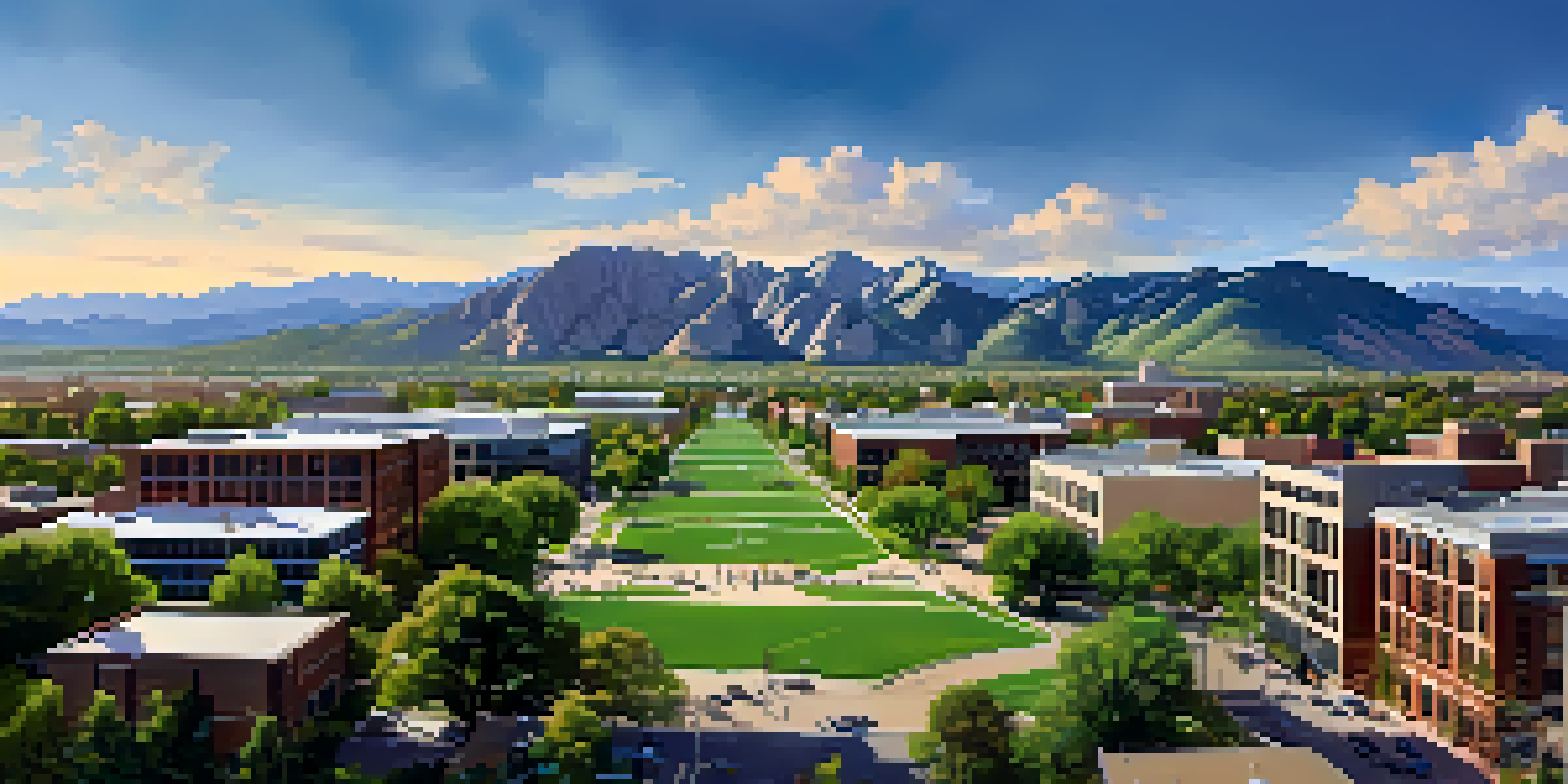 A wide view of Boulder, Colorado, featuring modern office buildings and the Flatirons mountains, vibrant with greenery and activity.