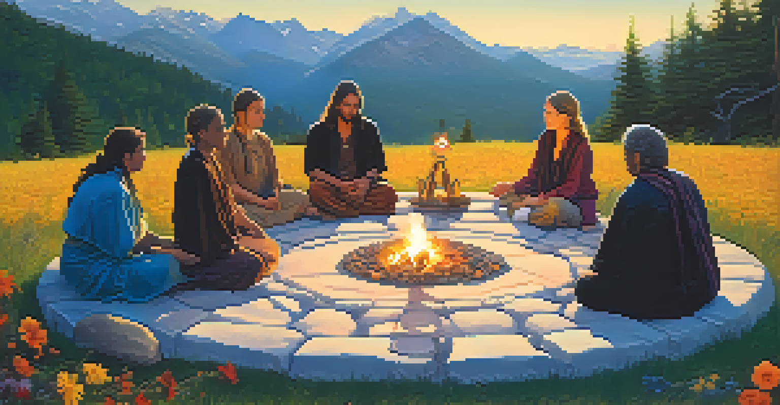 A group of people conducting a Pagan ritual around a small fire in a beautiful natural setting, with flowers and stones around them.