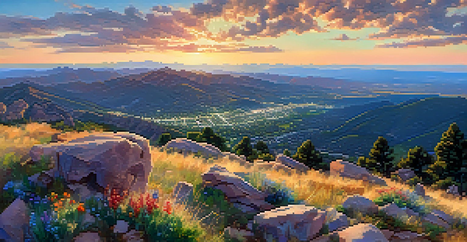 A panoramic view from Mount Sanitas with rocky terrain and colorful wildflowers.