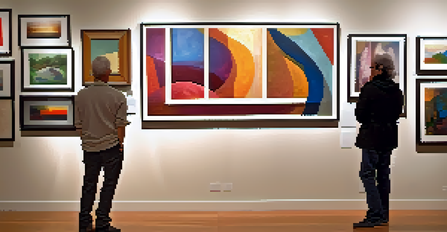 Inside a gallery at Boulder's Art Walk, showcasing contemporary artworks with a local artist interacting with visitors in a warmly lit space.