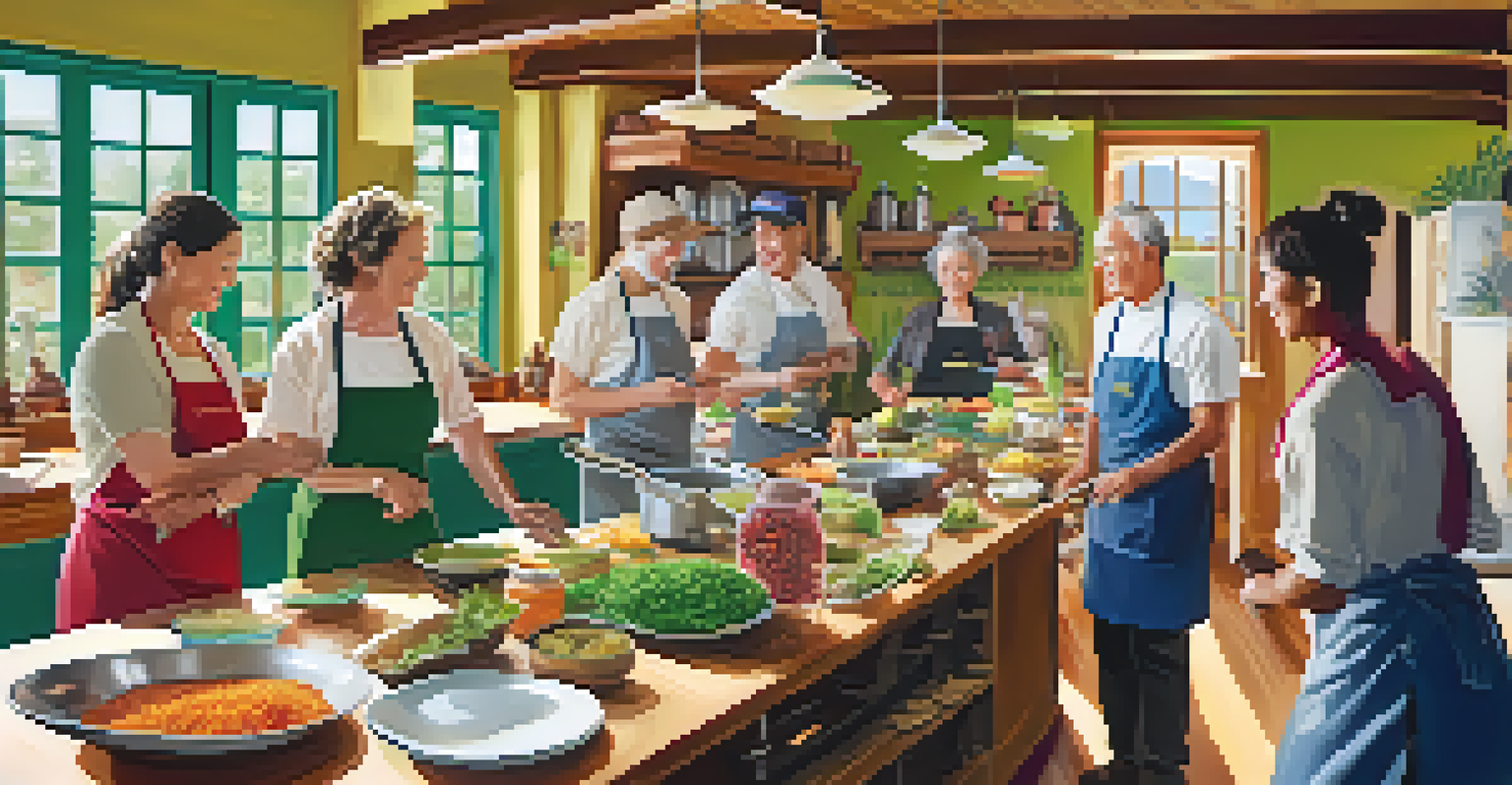 Participants in a cooking class, learning to prepare traditional dishes together in a bright and welcoming kitchen filled with fresh ingredients and spices.