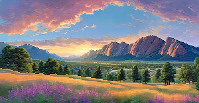 A sunset view of the Flatirons mountains in Boulder, Colorado, with a group of diverse entrepreneurs brainstorming outdoors on a grassy hill.