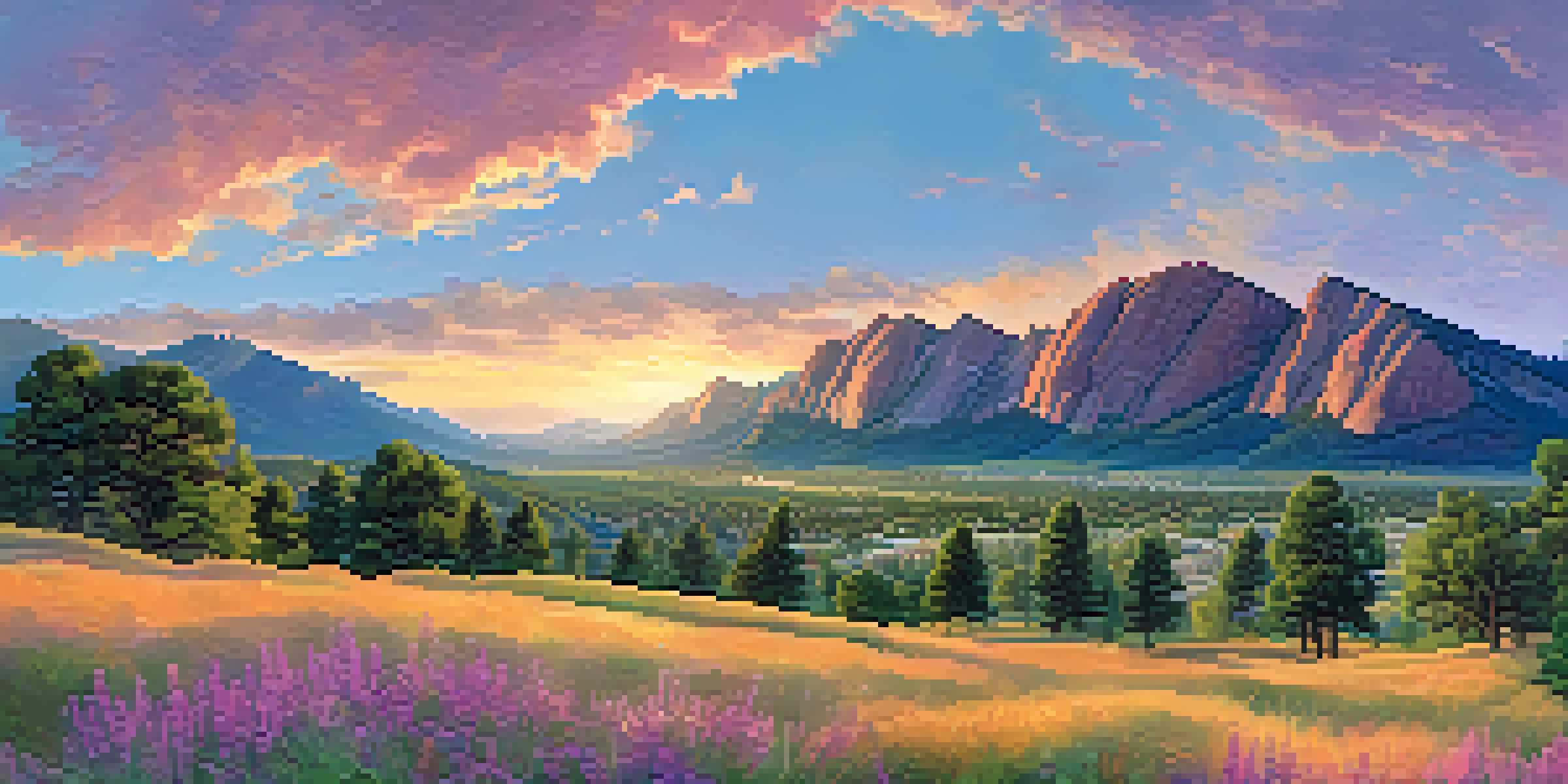 A sunset view of the Flatirons mountains in Boulder, Colorado, with a group of diverse entrepreneurs brainstorming outdoors on a grassy hill.