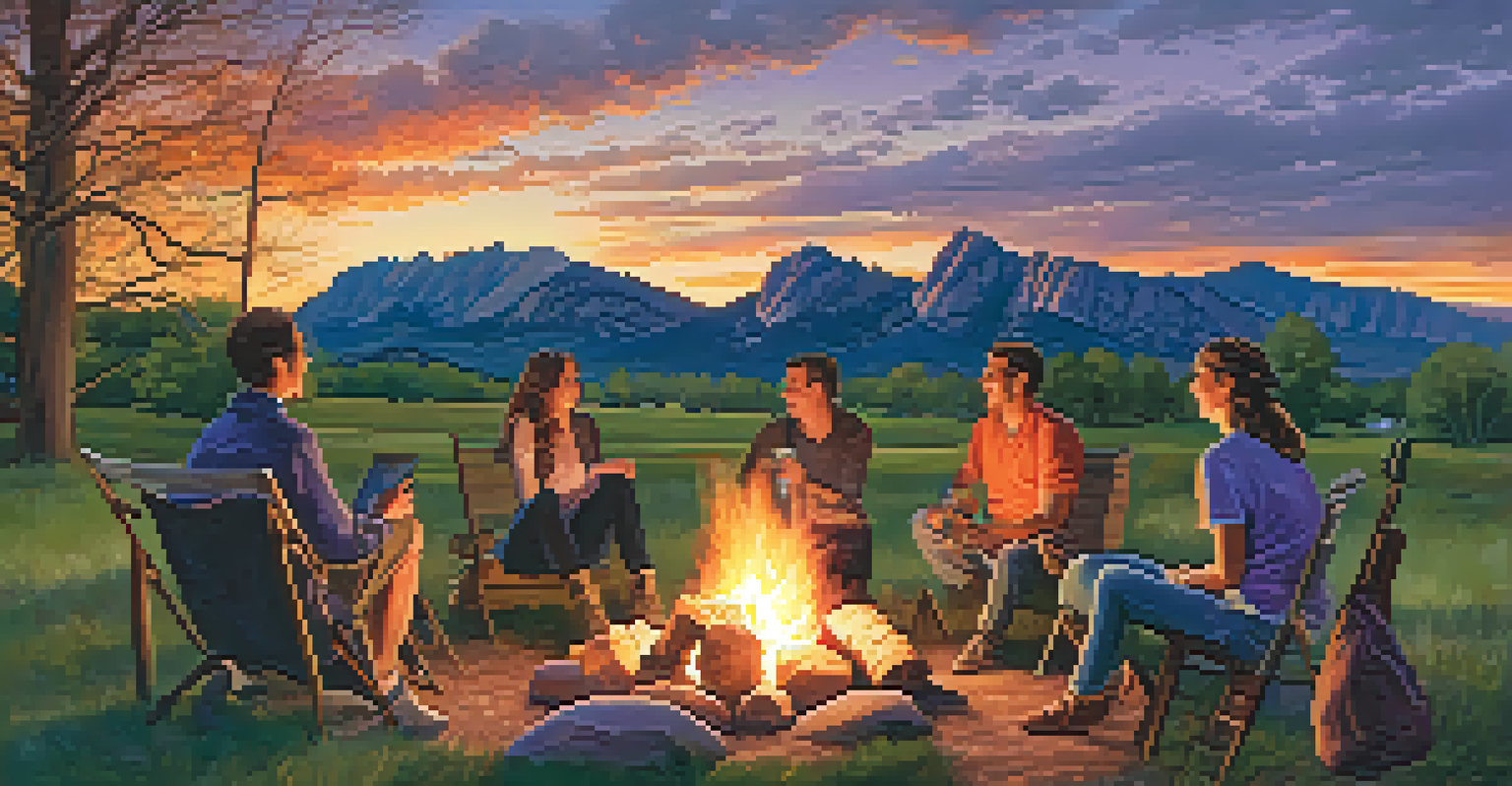 Friends gathered around a campfire at sunset with the Flatirons mountains in Boulder, Colorado, creating a warm and inviting atmosphere.