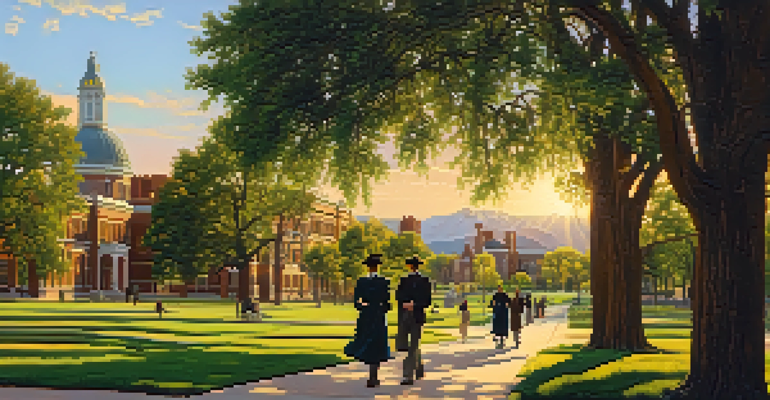 A historical depiction of the University of Colorado campus with students and buildings in the late 19th century.