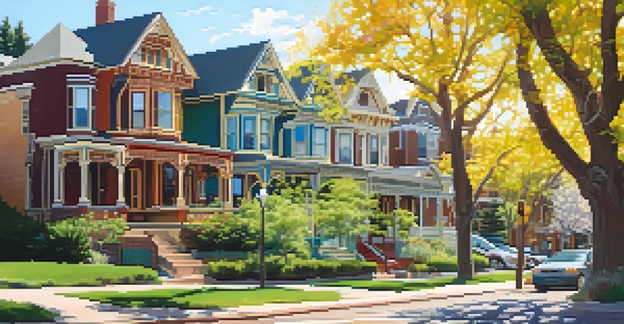 A scenic view of Boulder’s historic district featuring Victorian-style houses under warm afternoon sunlight, with pedestrians walking along a tree-lined street.