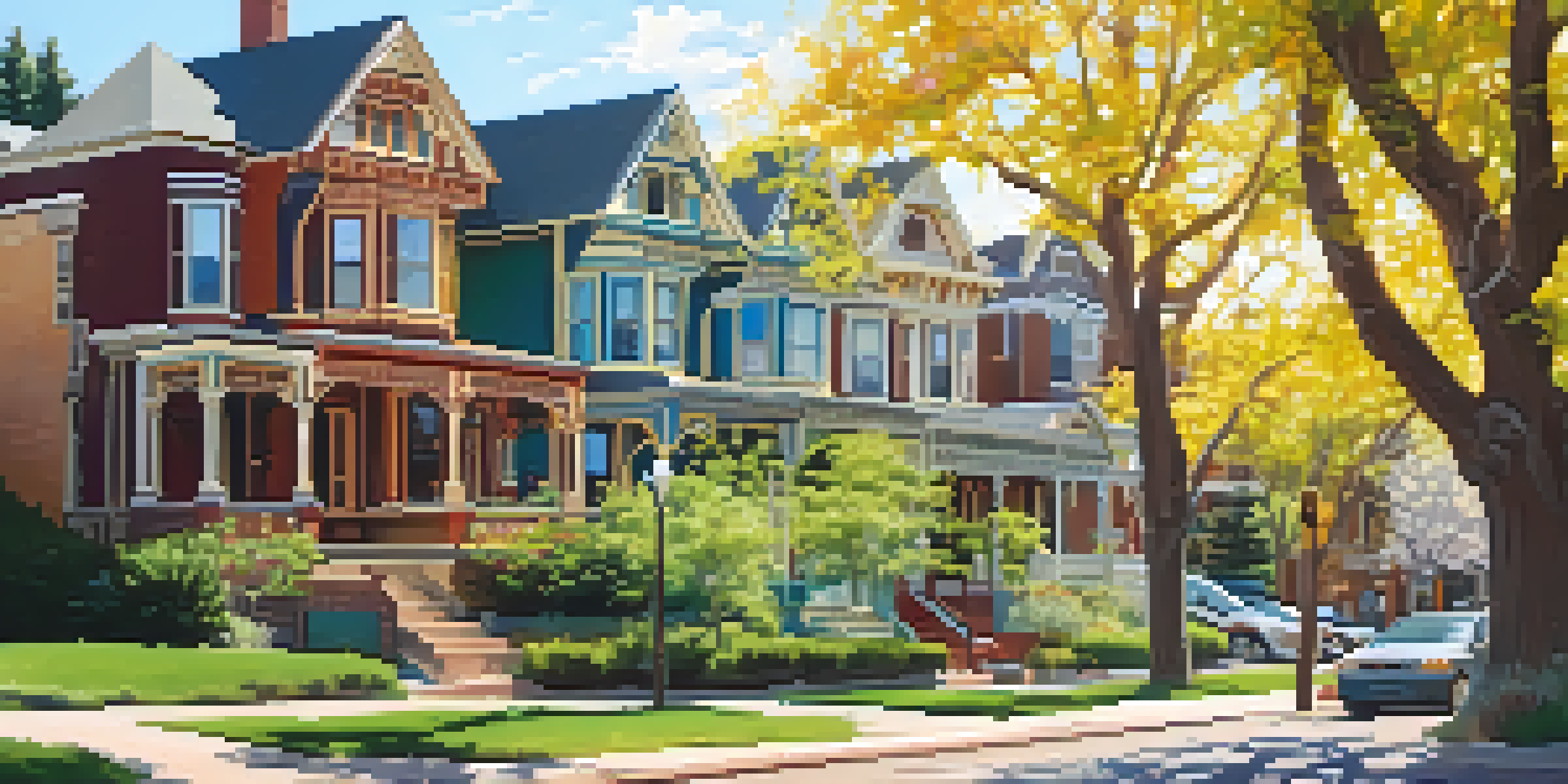 A scenic view of Boulder’s historic district featuring Victorian-style houses under warm afternoon sunlight, with pedestrians walking along a tree-lined street.