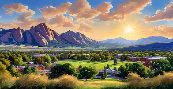 A scenic view of Boulder, Colorado, featuring the Flatirons mountains and people participating in sustainable community activities under a bright sky.