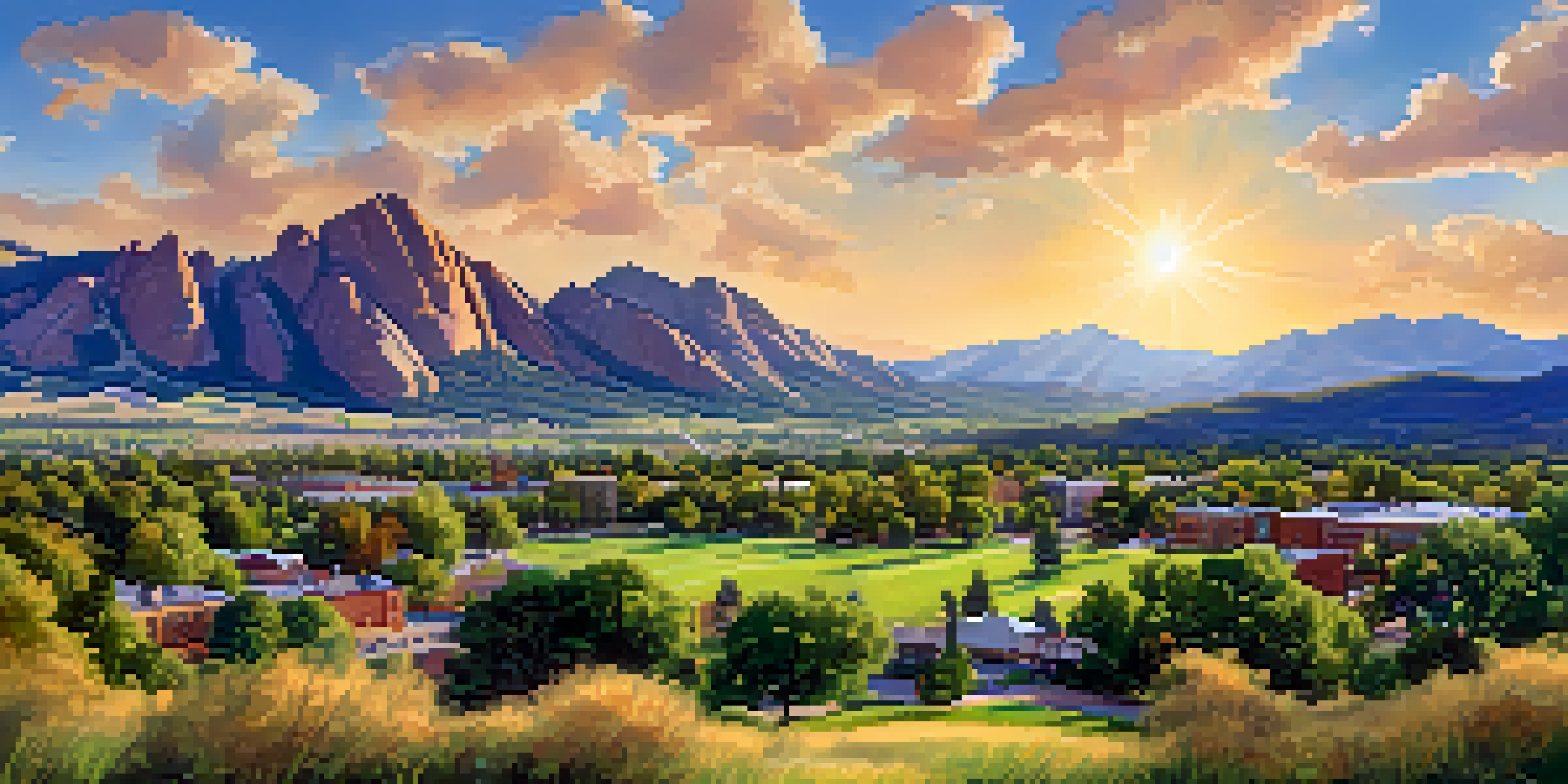 A scenic view of Boulder, Colorado, featuring the Flatirons mountains and people participating in sustainable community activities under a bright sky.