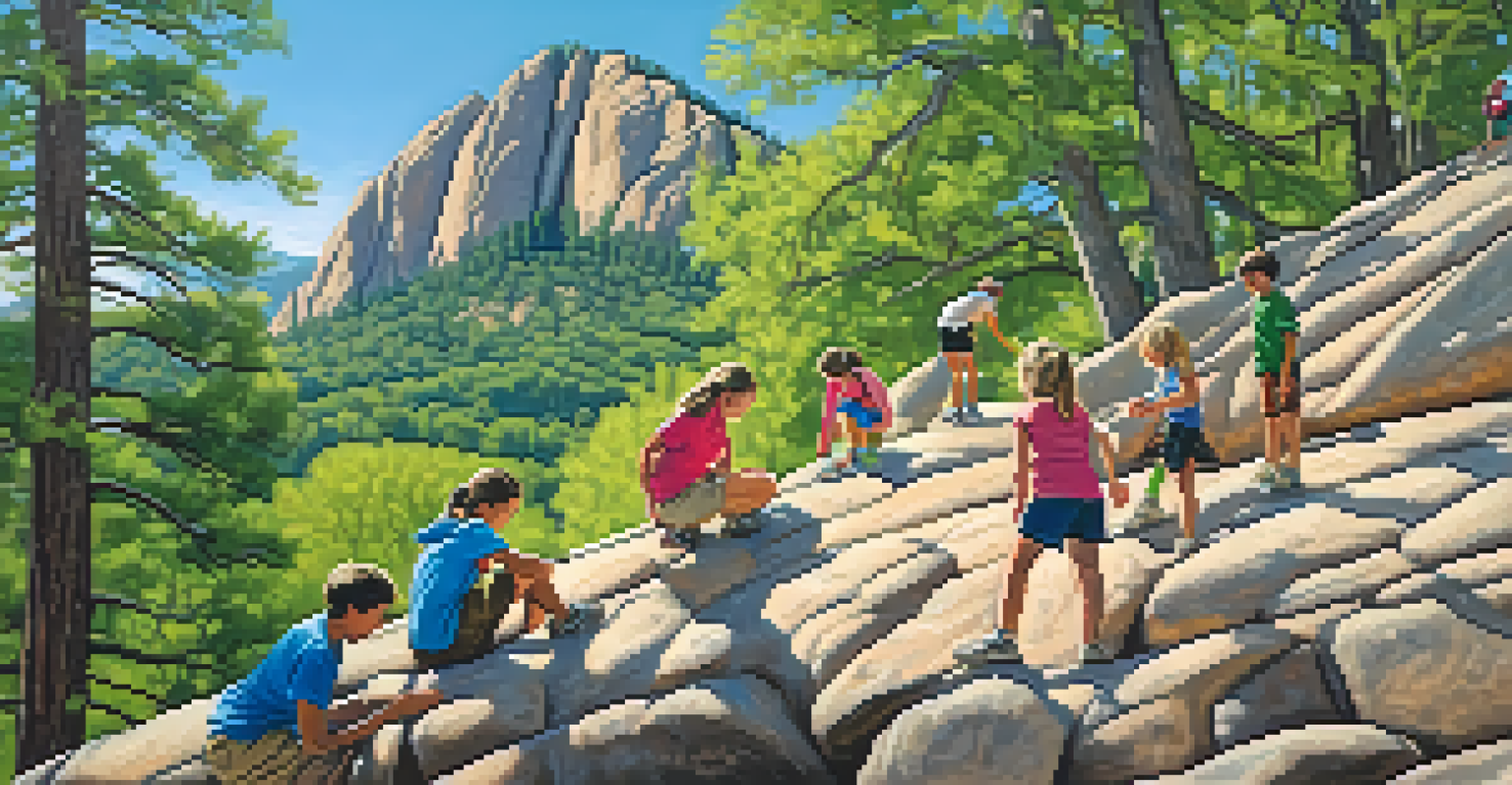 Families climbing on gentle rock faces at Chautauqua Park, with the Flatirons in the background.