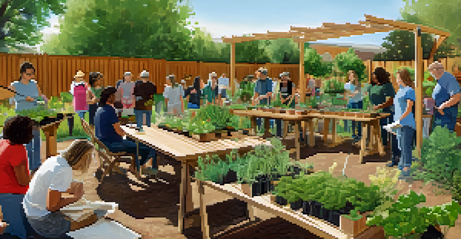 An educational workshop in a community garden in Boulder, with participants learning about sustainable gardening practices and composting.
