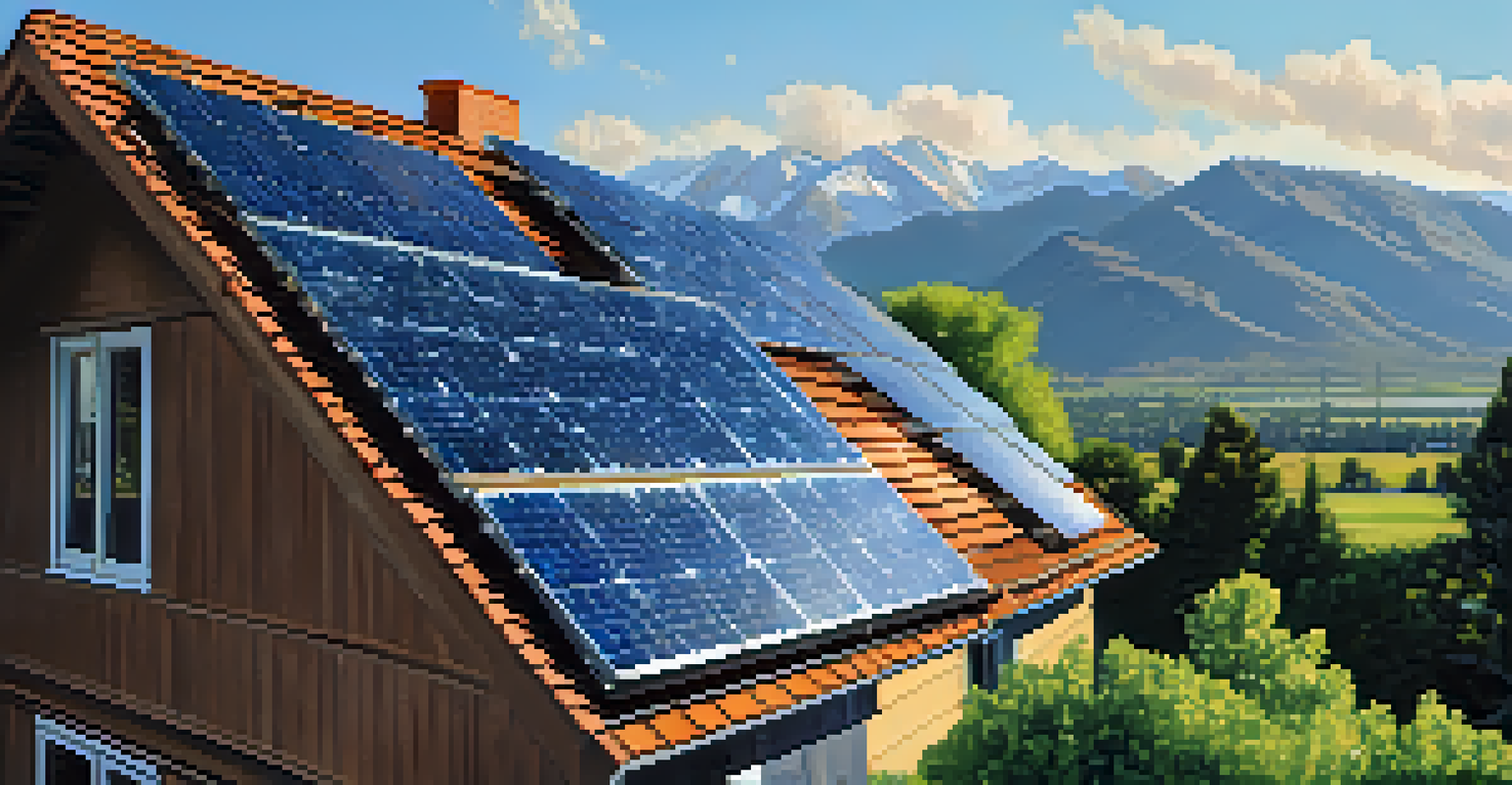 A close-up view of solar panels on a residential rooftop in Boulder, Colorado, with the Rocky Mountains in the distance and surrounding greenery.