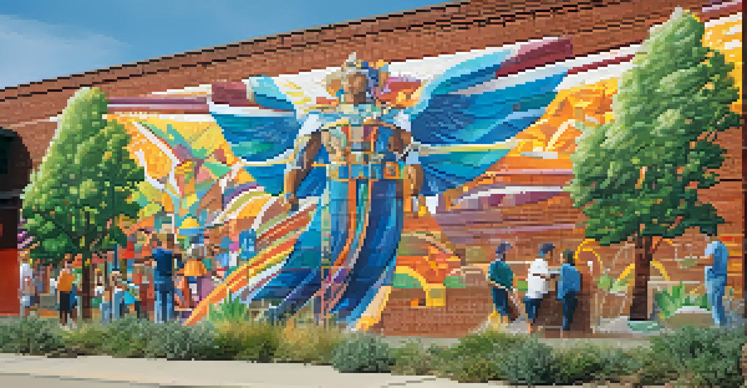 A colorful mural on a brick wall in Boulder illustrating themes of equality and justice, surrounded by plants, showcasing community engagement.