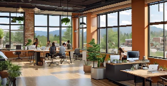 A bright and inviting coworking space in Boulder, featuring art and greenery, with people collaborating and working on laptops.
