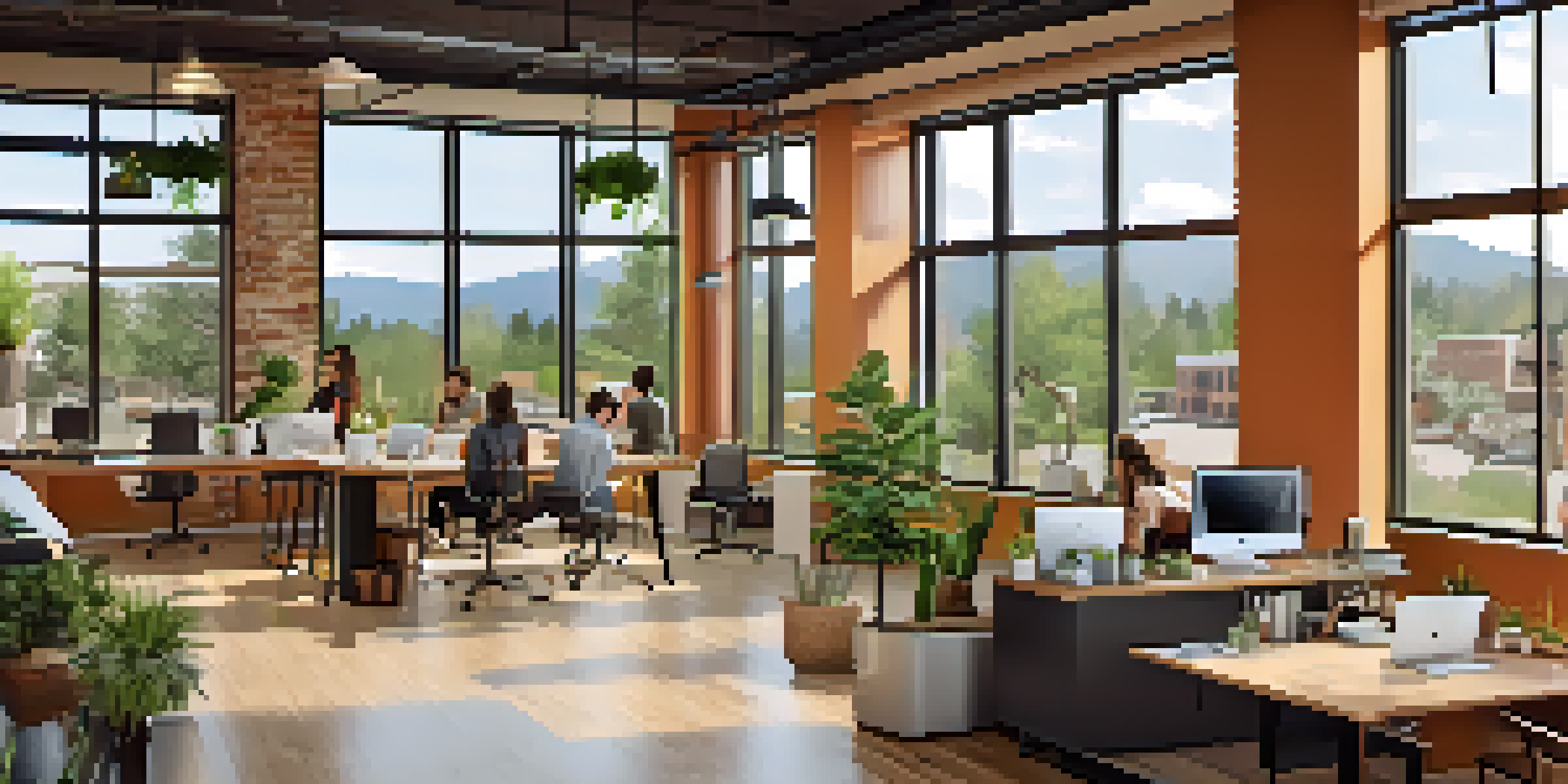 A bright and inviting coworking space in Boulder, featuring art and greenery, with people collaborating and working on laptops.