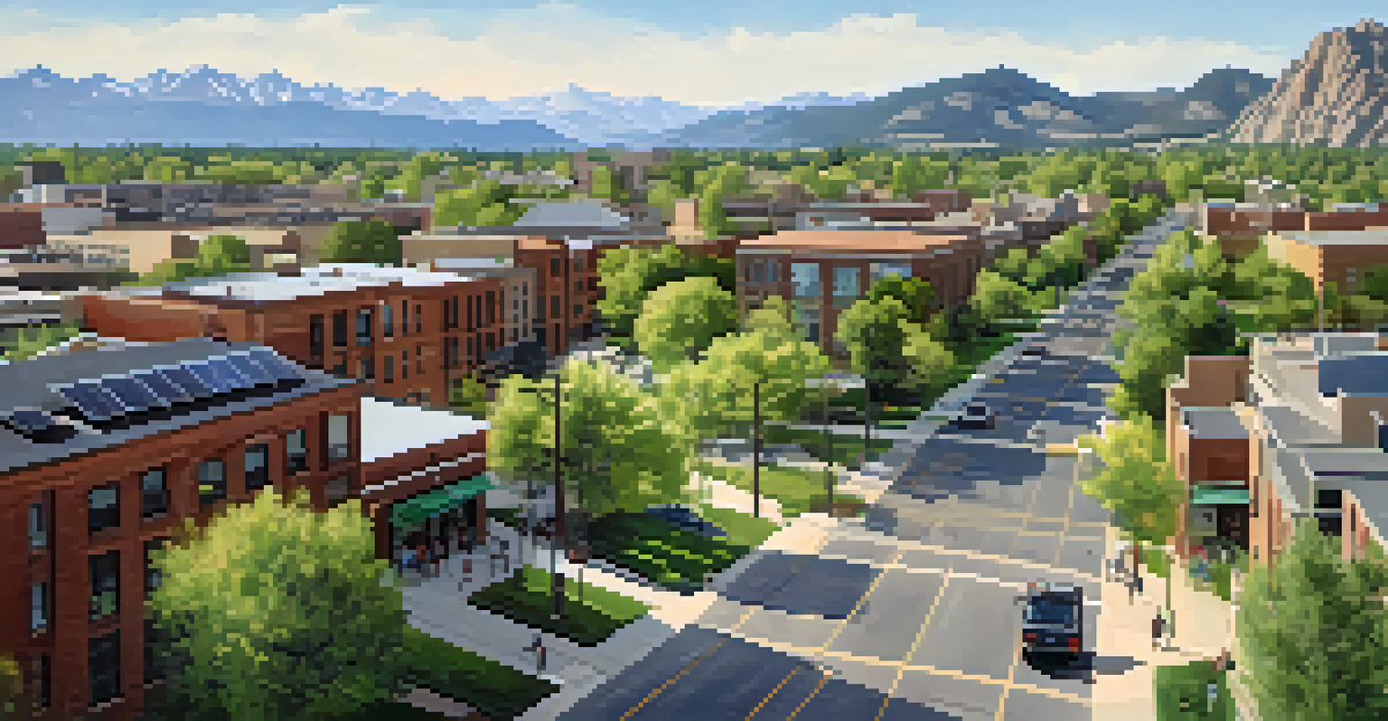 An aerial view of Boulder's cityscape, featuring cyclists, solar panels, and green spaces against the backdrop of the Rocky Mountains.