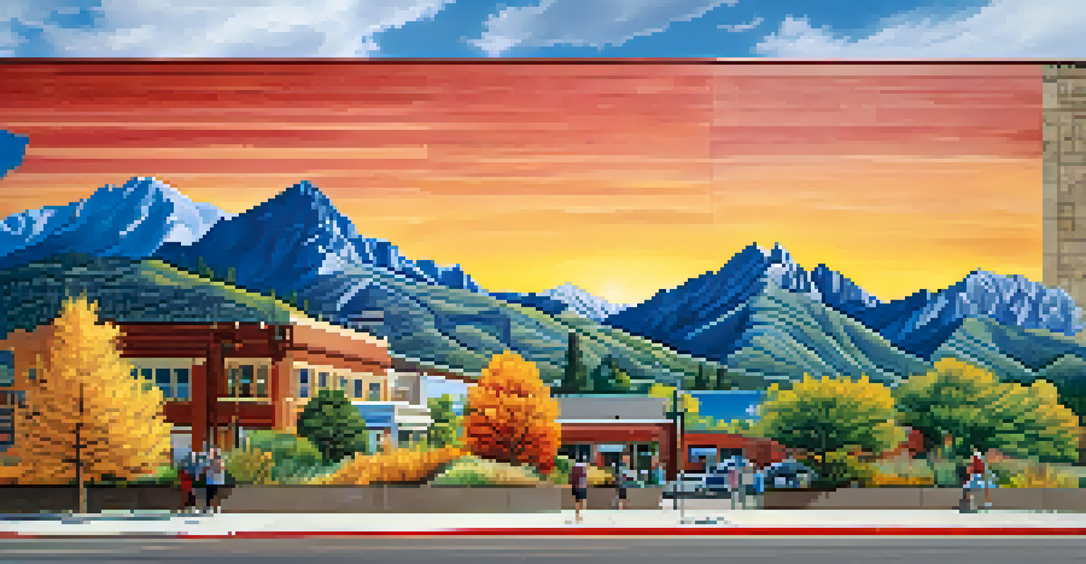 A vibrant mural illustrating the Boulder Skyline with mountains and local wildlife, surrounded by people admiring it.