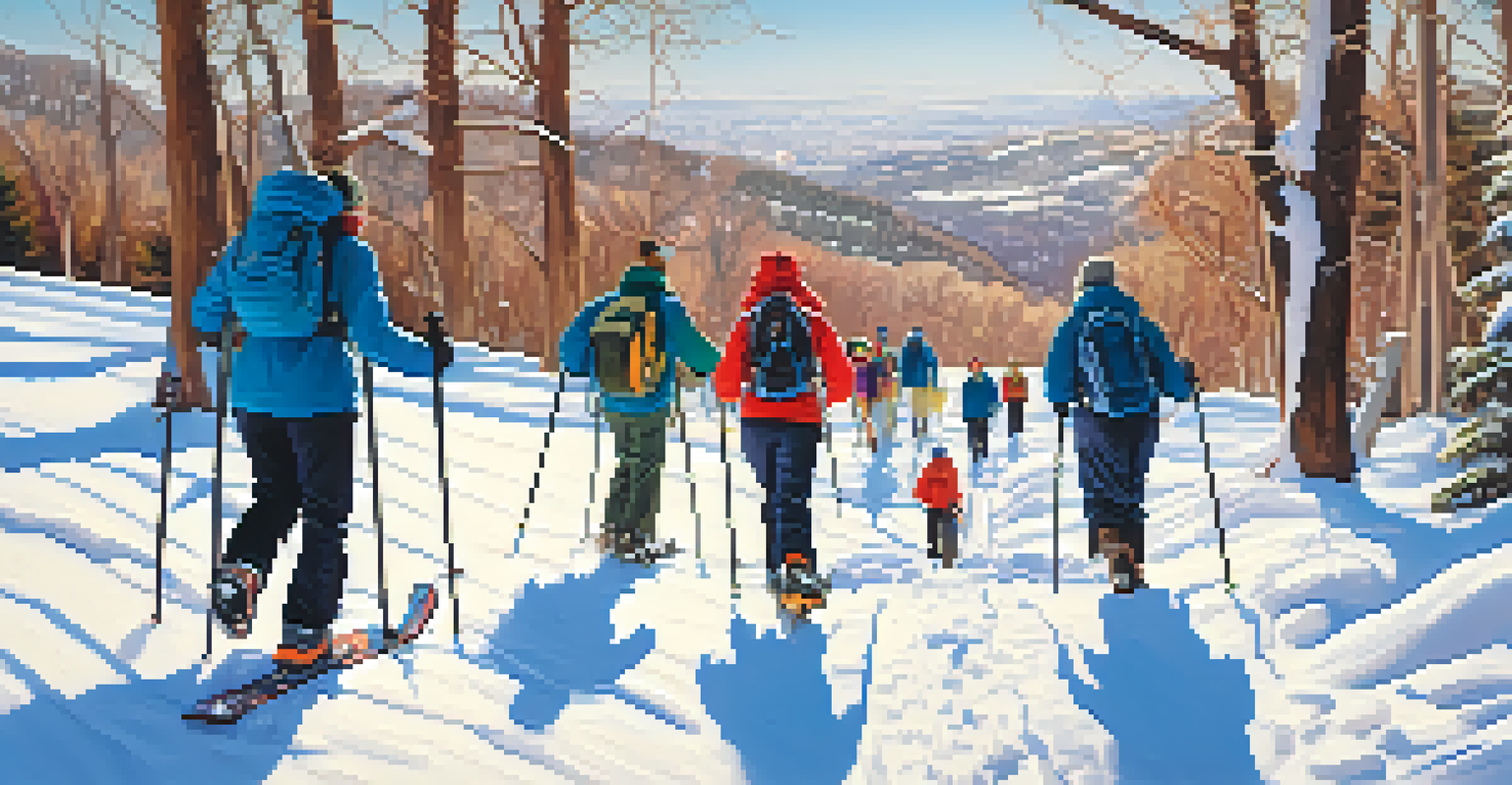 A diverse group of snowshoers on the Chautauqua Trail, surrounded by snow with park buildings in the background.