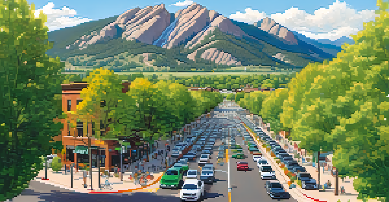 An overhead view of a Boulder street with bike lanes, electric vehicles, and green spaces, showcasing sustainable transportation.