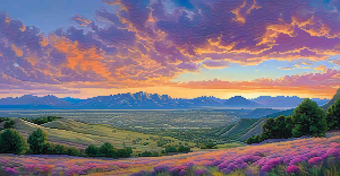 A panoramic view of Boulder's landscape transitioning from flat plains to steep mountains during sunset, with colorful skies and rocky outcrops.