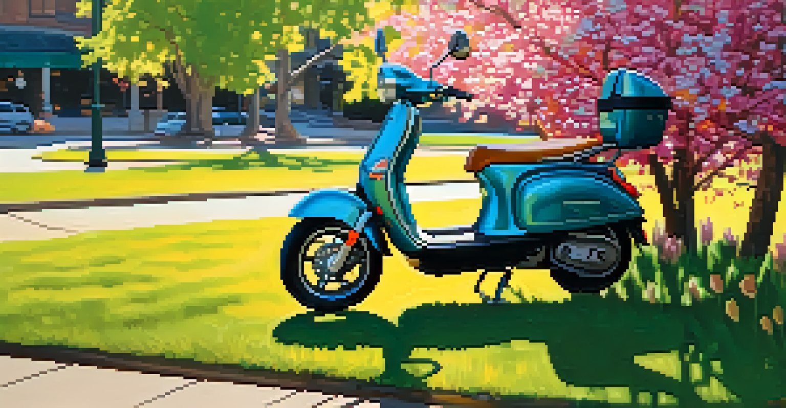 A close-up of an electric scooter parked beside a blooming park in Boulder, with colorful flowers and trees.
