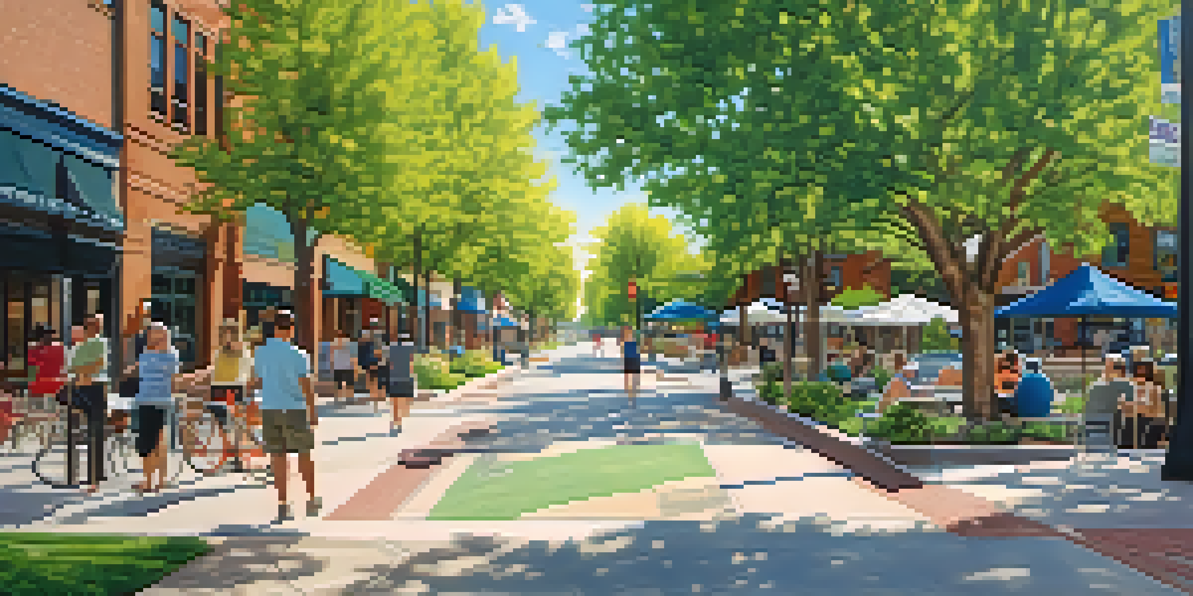 A city street in Boulder, Colorado featuring light-colored cool pavement, green trees, and clear blue skies, with people walking comfortably.