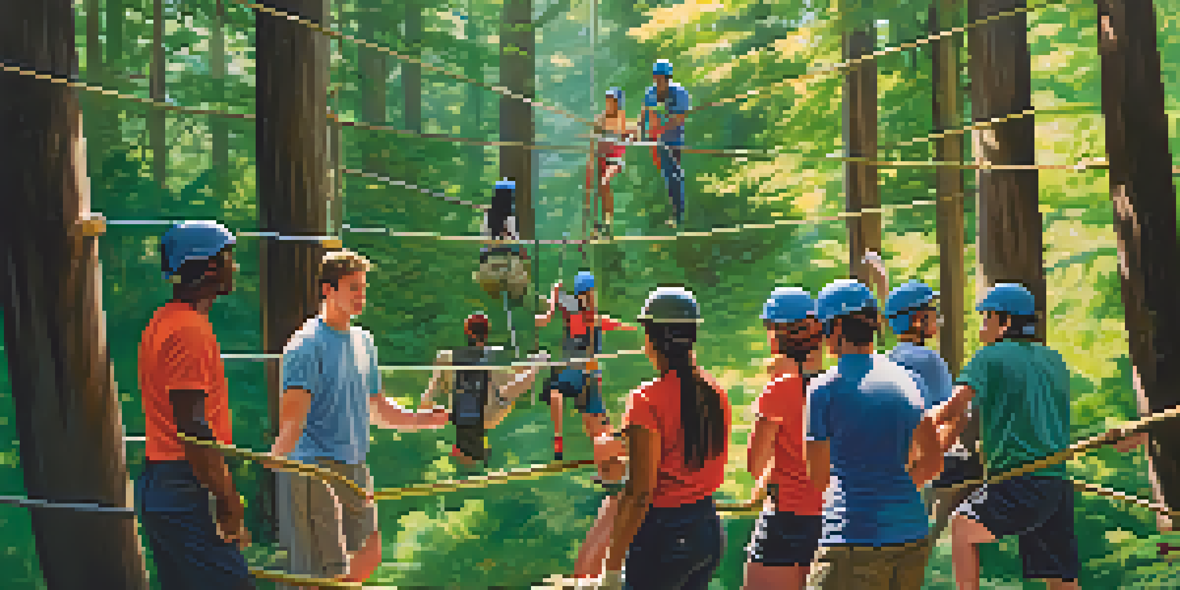 A diverse group of individuals participating in a team-building exercise on a ropes course in a lush green forest, showcasing teamwork and collaboration.