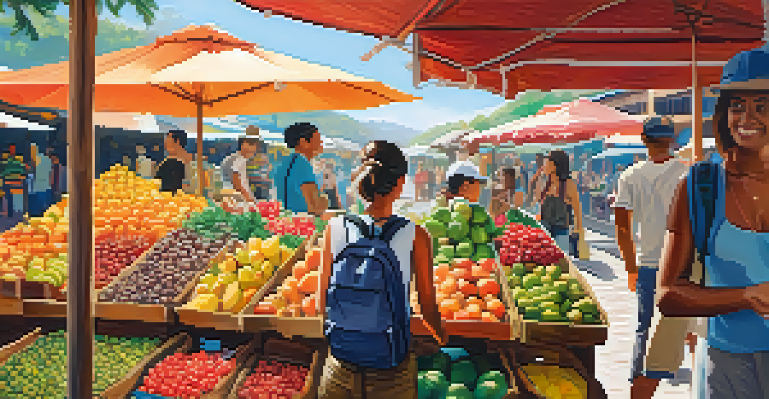 A CU Boulder student exploring a colorful local market in Costa Rica, interacting with friendly vendors and surrounded by vibrant fruits and crafts.
