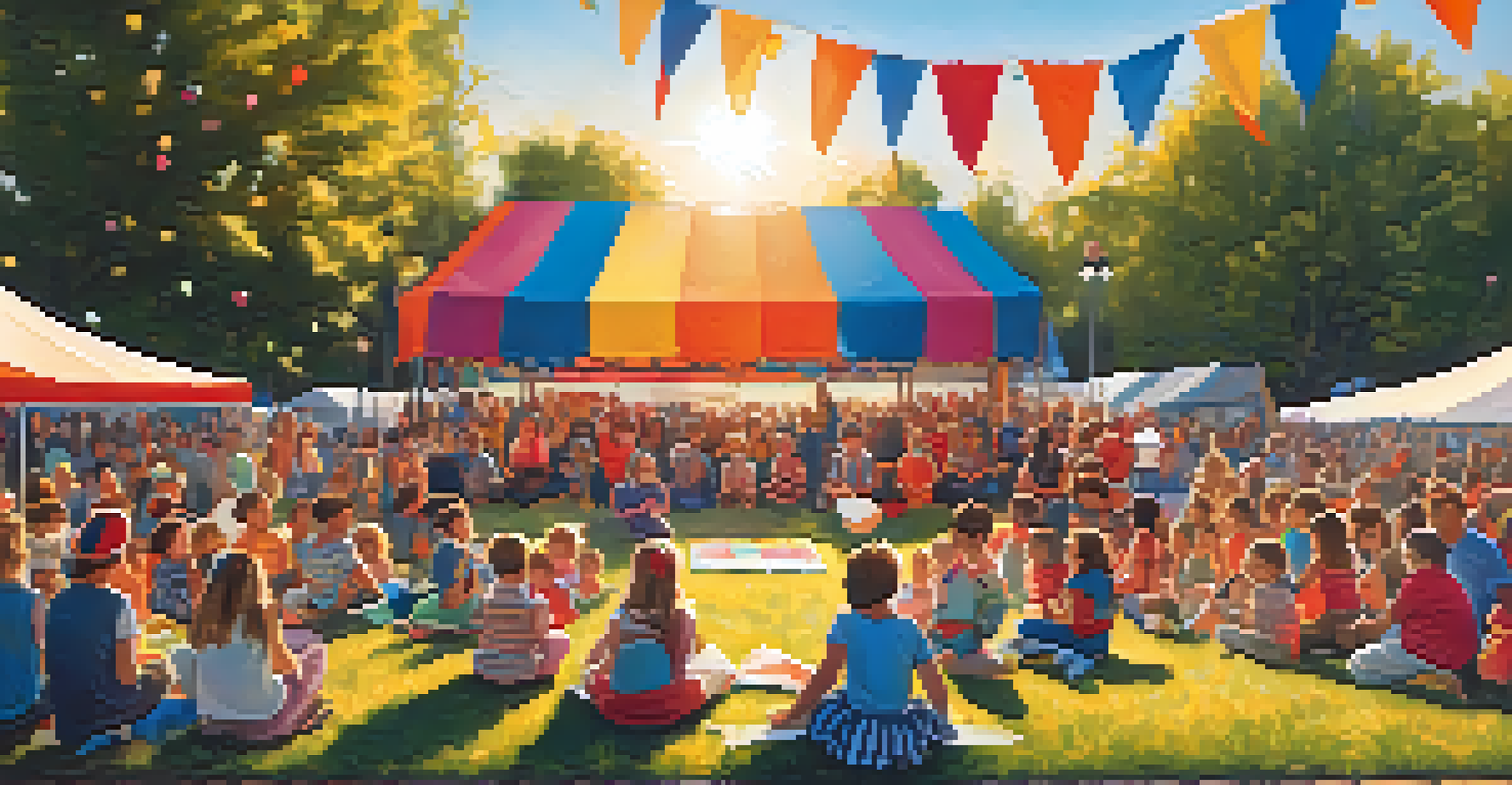 A colorful clown performing for families at Boulder's Family Fun Day, with children laughing and enjoying the entertainment under a warm sunset.